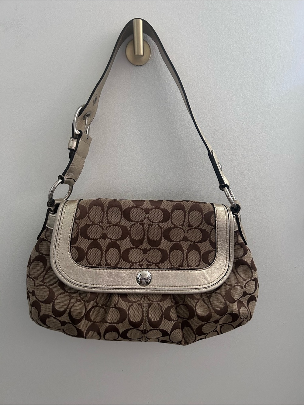 Coach Brown Signature Canvas Shoulder Bag with Cream Trim